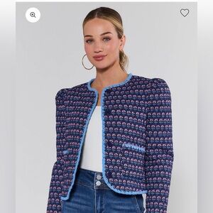 Avara Gretchen Cropped Hemline Navy Pink Quilted Jacket with Light Blue Trim